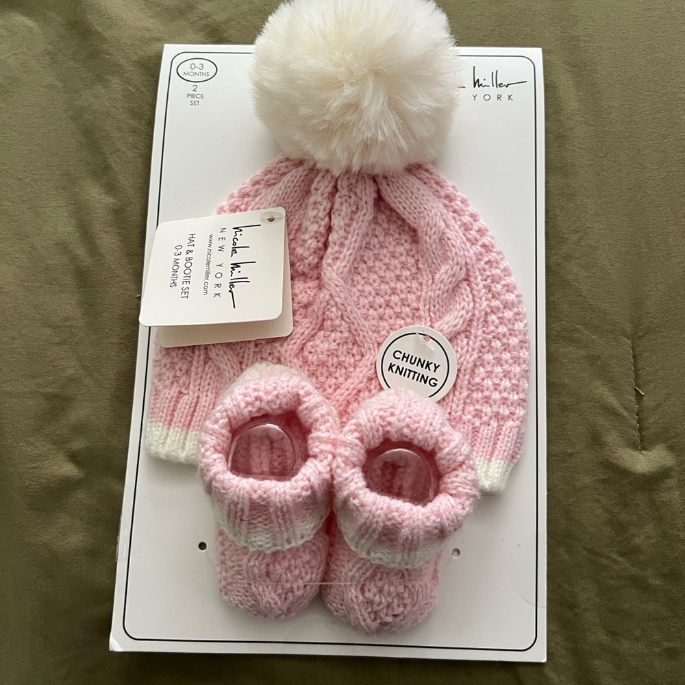 Pink Knitted Baby Hat and Booties Set